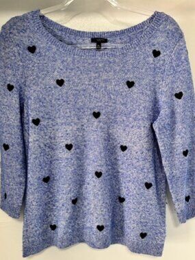 Talbots Heathered Blue Hearts 3/4 Sleeve Wool Blend Sweater MP Casual Pullover